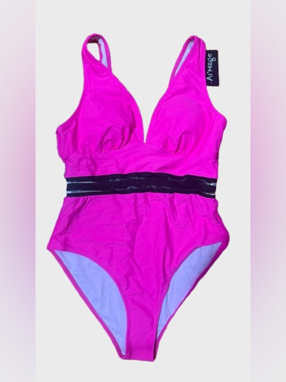 Women’s Fuchsia One-Piece Swimsuit with Black Waistband